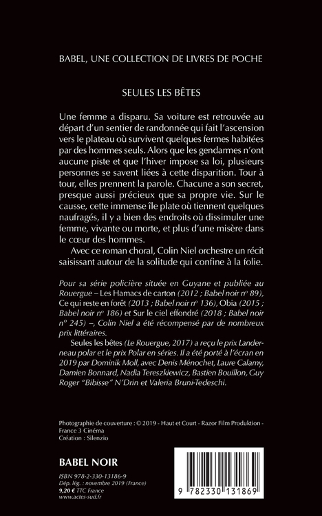 Seules les bêtes (Babel noir - affiche du film) - Colin Niel - ACTES SUD