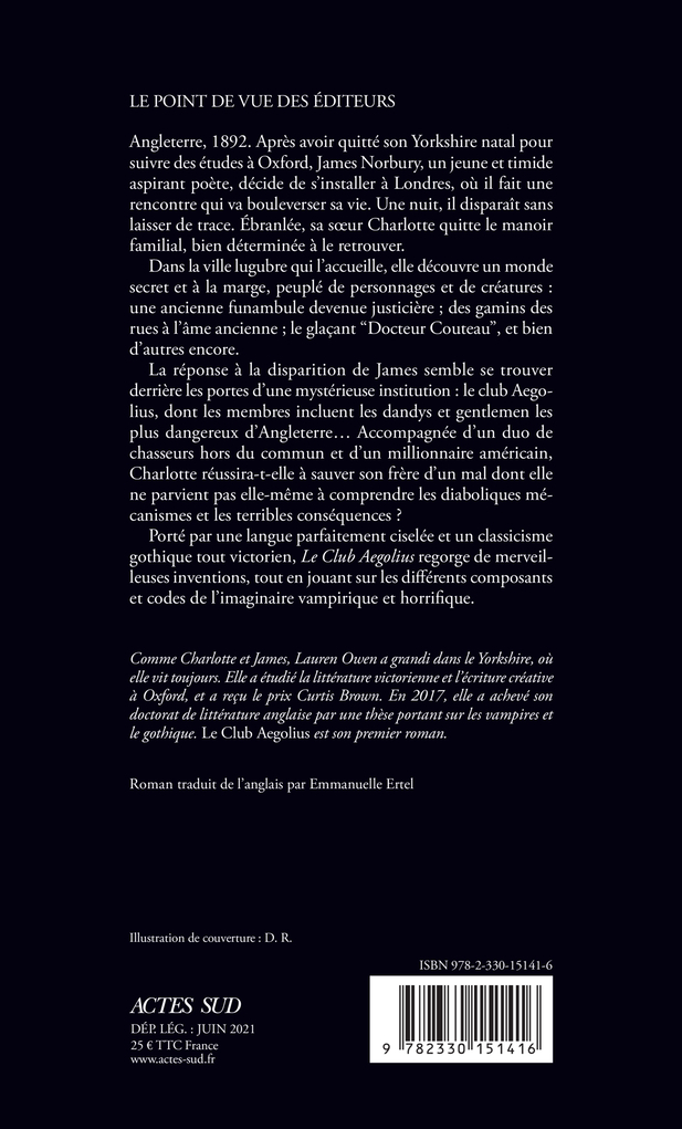 Le Club Aegolius - Lauren Owen - ACTES SUD